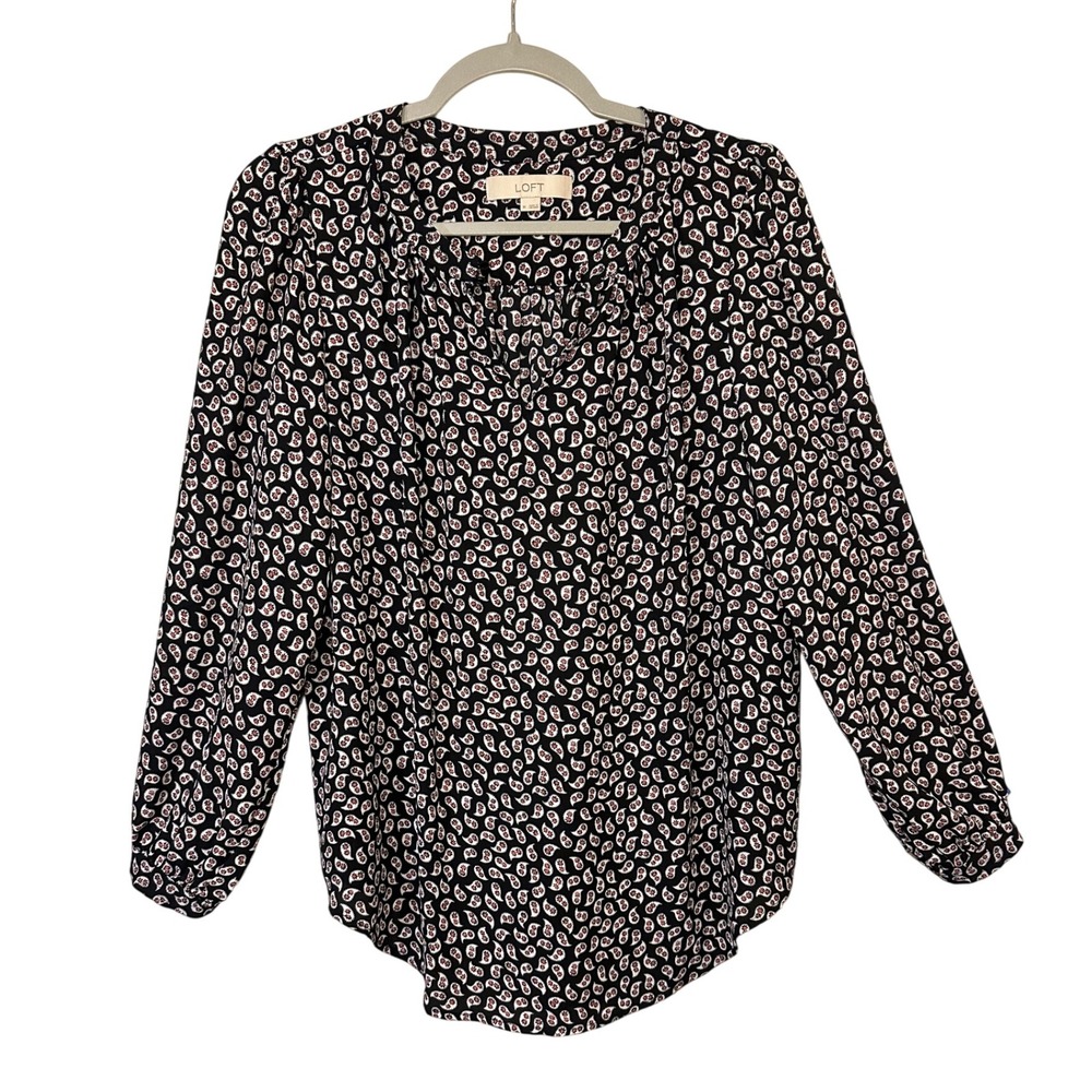 LOFT Womens Blouse Medium Paisley Print‎ Long Sleeve Casual Top Black Red